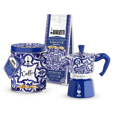 Bialetti Dolce&Gabbana Mediterrean blue Moka Express, 3 šalice + Perfetto Moka Autentico mljevena kava