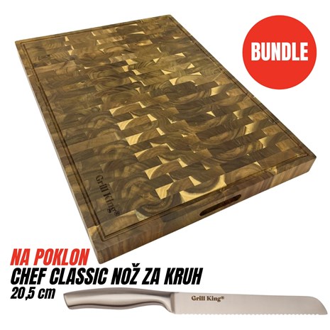 Grill King BUNDLE Chef Pro End-grain četvrtasta masivna kuhinjska daska s dva lica, 70x50 cm + Chef Classic nož za kruh, 20,5 cm