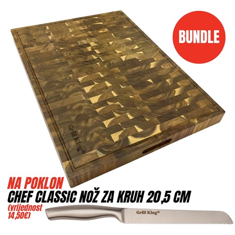 Grill King BUNDLE Chef Pro End-grain četvrtasta masivna kuhinjska daska s dva lica, 70x50 cm + Chef Classic nož za kruh, 20,5 cm
