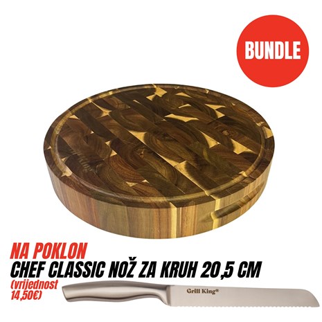 Grill King BUNDLE Chef Pro End-grain okrugla masivna kuhinjska daska s dva lica, 40 cm + Chef Classic nož za kruh, 20,5 cm