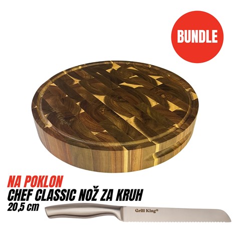 Grill King BUNDLE Chef Pro End-grain okrugla masivna kuhinjska daska s dva lica, 40 cm + Chef Classic nož za kruh, 20,5 cm