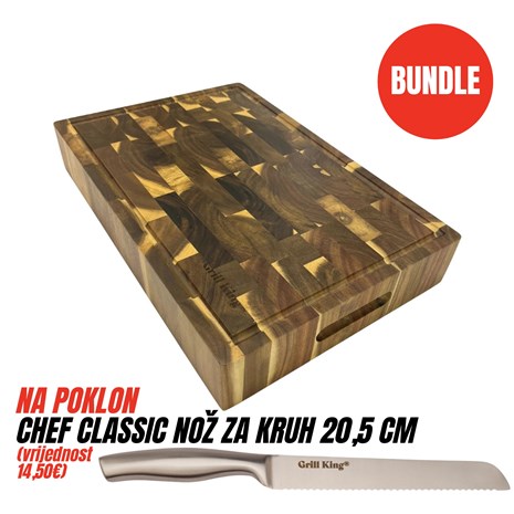 Grill King BUNDLE Chef Pro End-grain četvrtasta masivna kuhinjska daska s dva lica, 45x30 cm + Chef Classic nož za kruh, 20,5 cm