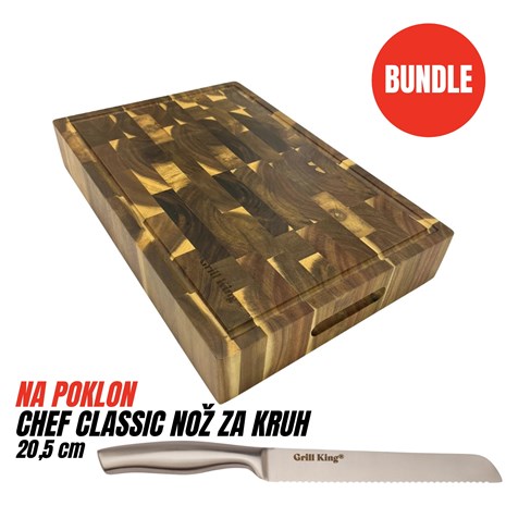 Grill King BUNDLE Chef Pro End-grain četvrtasta masivna kuhinjska daska s dva lica, 45x30 cm + Chef Classic nož za kruh, 20,5 cm