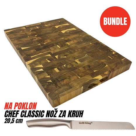 Grill King BUNDLE Chef Pro End-grain četvrtasta masivna kuhinjska daska s dva lica, 60x40 cm + Chef Classic nož za kruh, 20,5 cm