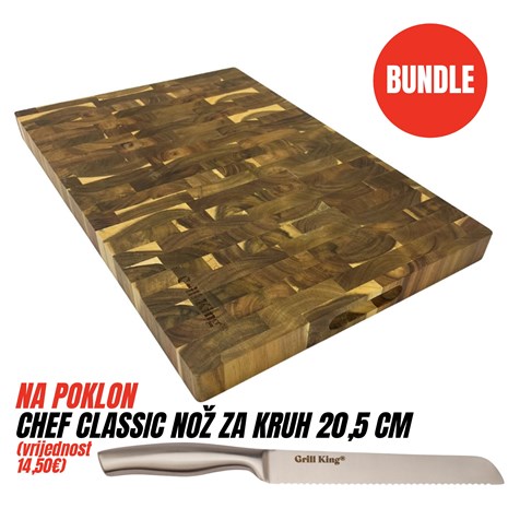Grill King BUNDLE Chef Pro End-grain četvrtasta masivna kuhinjska daska s dva lica, 60x40 cm + Chef Classic nož za kruh, 20,5 cm