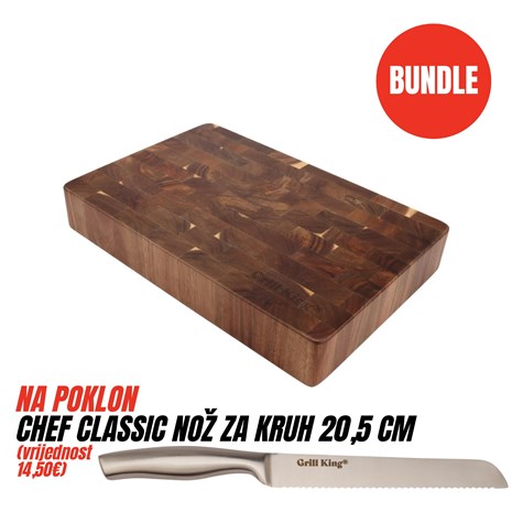 Grill King BUNDLE Chef Pro End-grain četvrtasta masivna kuhinjska daska, 45x30 cm + Chef Classic nož za kruh, 20,5 cm