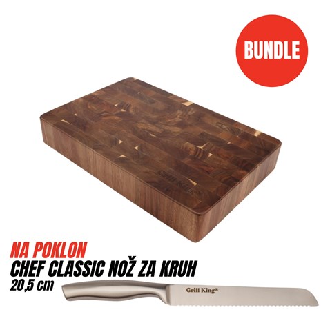 Grill King BUNDLE Chef Pro End-grain četvrtasta masivna kuhinjska daska, 45x30 cm + Chef Classic nož za kruh, 20,5 cm