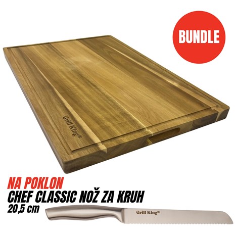 Grill King BUNDLE Chef Pro četvrtasta masivna kuhinjska daska s dva lica, 60x40 cm + Chef Classic nož za kruh, 20,5 cm