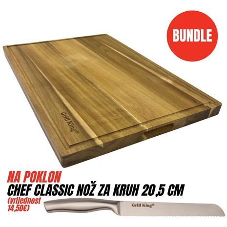 Grill King BUNDLE Chef Pro četvrtasta masivna kuhinjska daska s dva lica, 60x40 cm + Chef Classic nož za kruh, 20,5 cm