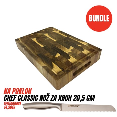 Grill King BUNDLE Chef Pro End-grain četvrtasta masivna kuhinjska daska s dva lica, 35x23 cm + Chef Classic nož za kruh, 20,5 cm