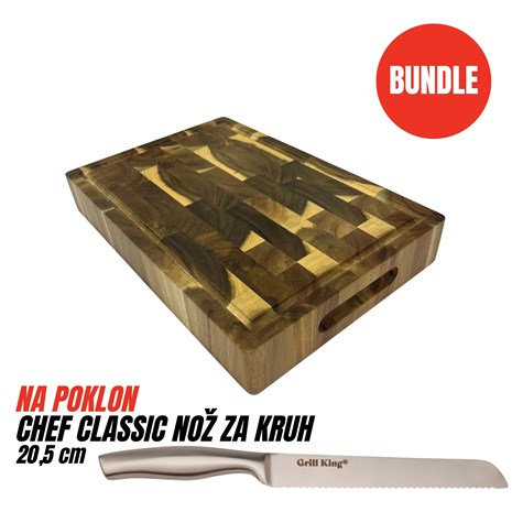 Grill King BUNDLE Chef Pro End-grain četvrtasta masivna kuhinjska daska s dva lica, 35x23 cm + Chef Classic nož za kruh, 20,5 cm
