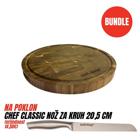 Grill King BUNDLE Chef Pro End-grain okrugla masivna kuhinjska daska s dva lica, 35 cm + Chef Classic nož za kruh, 20,5 cm
