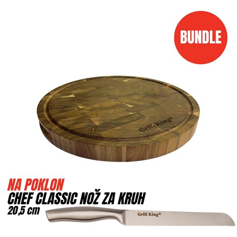 Grill King BUNDLE Chef Pro End-grain okrugla masivna kuhinjska daska s dva lica, 35 cm + Chef Classic nož za kruh, 20,5 cm