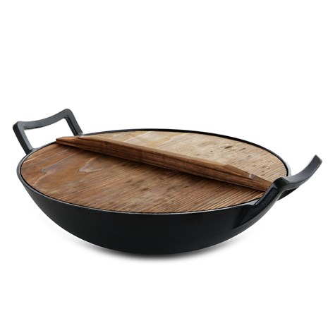 Grill King Cast Iron wok s integriranim ručkama i drvenim poklopcem, 36 cm