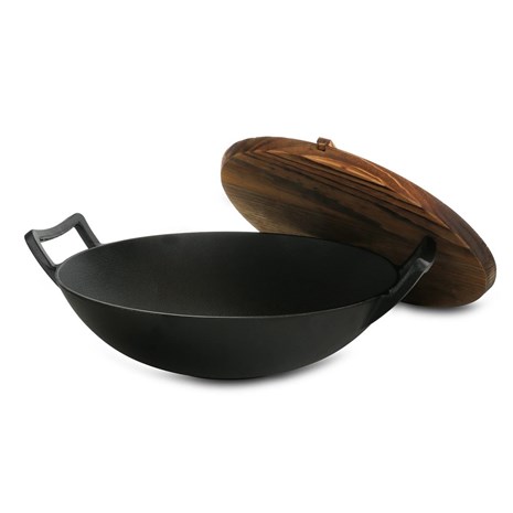 Grill King Cast Iron wok s integriranim ručkama i drvenim poklopcem, 36 cm