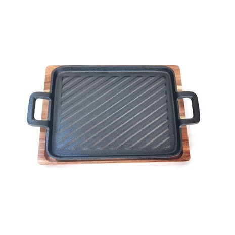 Grill King Cast Iron BBQ grill plancha s integriranim ručkama i podloškom od drva agacije, 32x15 cm