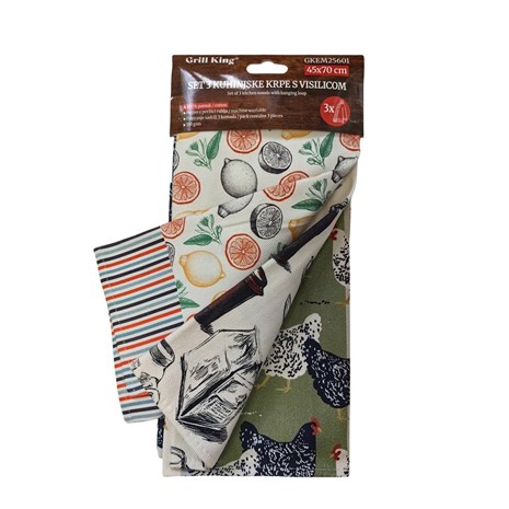 Grill King Kitchen 3u1 set pamučnih kuhinjskih krpa s visilicom