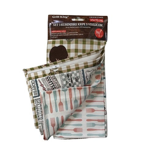 Grill King Kitchen 3u1 set pamučnih kuhinjskih krpa s visilicom iznimne gustoće i kvalitete