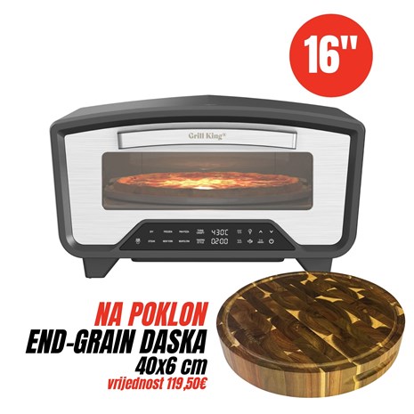 Grill King Pizzaiolo 16" ROTATE SERIES II digitalni samorotirajući električni pekač pizza, bureka, lazanja i ostalih jela + Chef Pro End-grain okrugla masivna kuhinjska daska s dva lica, 40 cm