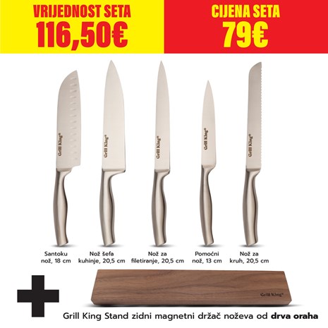 Grill King Classic 6u1 set kuhinjskih noževa sa zidnim magnetnim držačem od drva oraha