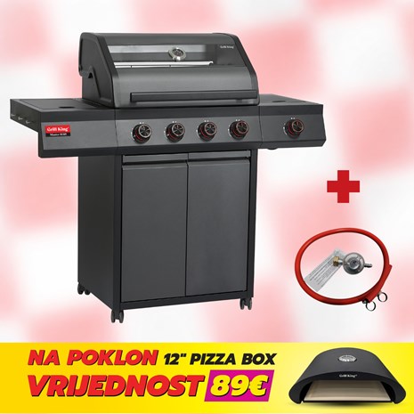 Grill King Master 0105 plinski roštilj s 5 plamenika, posudom za hranu i staklenim poklopcem + plinski regulator s crijevom + GRATIS pizza box