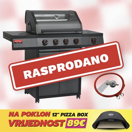 Grill King Master 0105 plinski roštilj s 5 plamenika, posudom za hranu i staklenim poklopcem + plinski regulator s crijevom + GRATIS pizza box