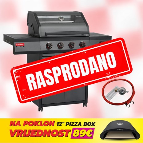 Grill King Master 0105 plinski roštilj s 5 plamenika, posudom za hranu i staklenim poklopcem + plinski regulator s crijevom + GRATIS pizza box (RASPRODANO)