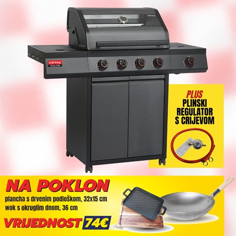 Grill King Master 0105 plinski roštilj s 5 plamenika, posudom za hranu i staklenim poklopcem + plinski regulator s crijevom + GRATIS wok i plancha