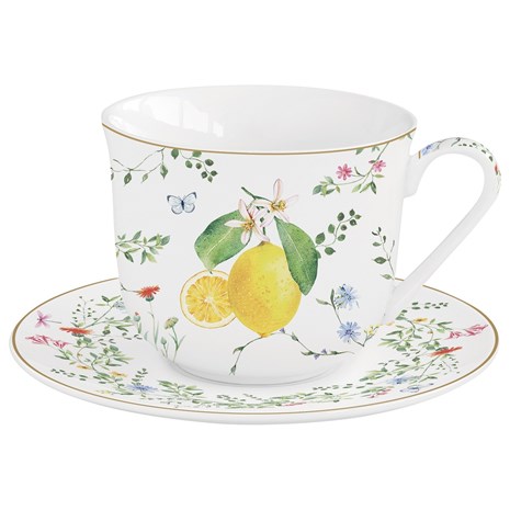 Easy Life Fleurs et Citrons šalica s tanjurićem, set za 1 osobu